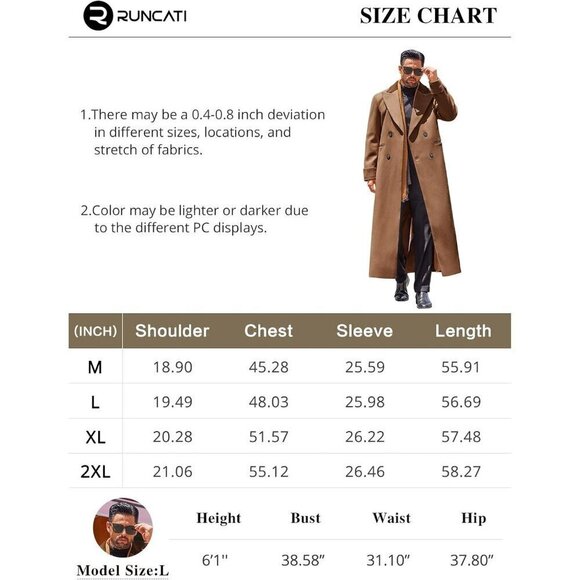 Last One Mens Brown Trench Coat Notched Lapel Long Jacket Winter Overcoat - Picture 7 of 7